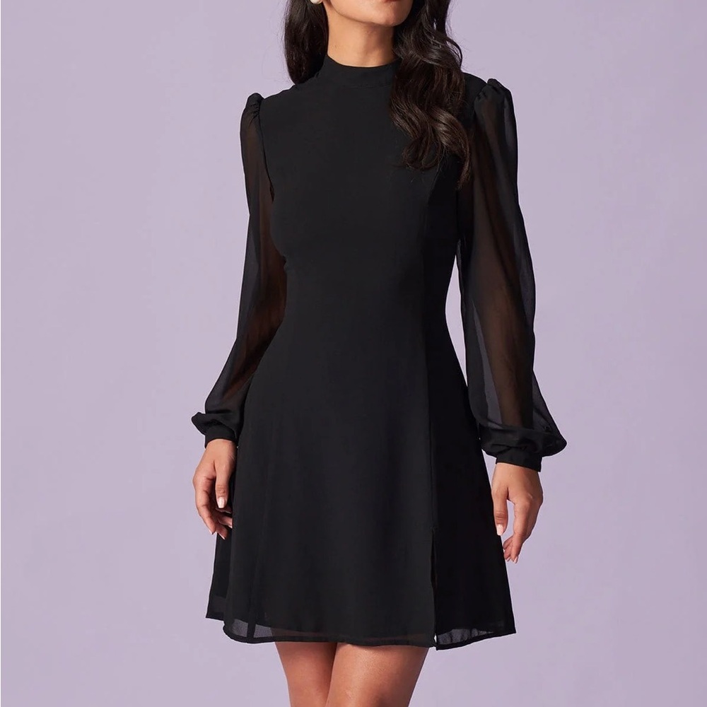Rihoas Black Stand Collar Sheer Slit Mini Dress